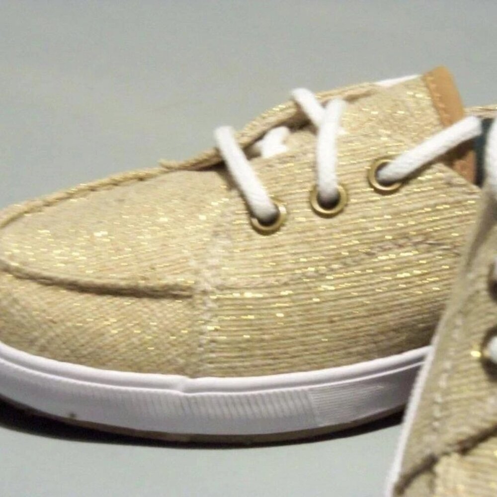 Ked's ladies' lace-up boat shoes in beige with gold sparkle threads in size 8.5